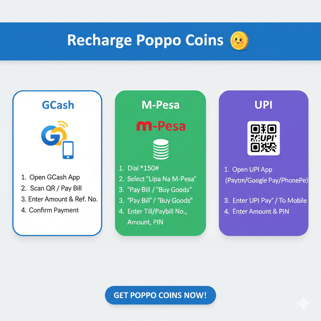 How to Recharge Poppo Coins Using GCash/M-Pesa/UPI